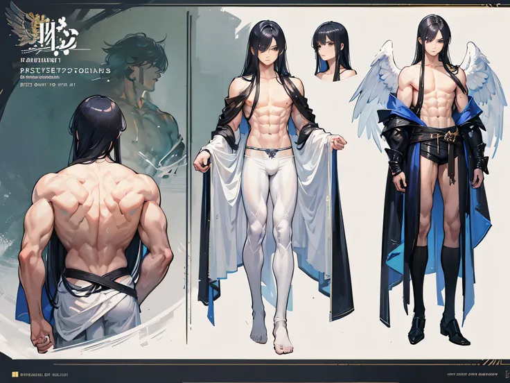 ((Masterpiece, Highest quality)), Male, boy, Detailed face, character design sheet， full bodyesbian, Full of details, frontal body view, back body view, Highly detailed, Depth, Many parts, angel wings, angel outfit, Muscle boy with black long hair bangs，ha...