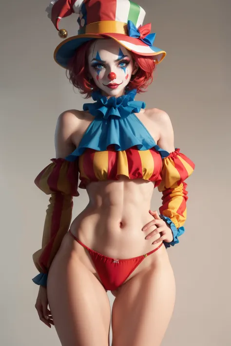 A full body photo shows a woman, harlequin hat, clown makeup, red clown nose, blue eyes, muscular body, clown,🤡,small shoulder, slim waist, wide hips, thick legs wearing a colorful top and red panties, back view