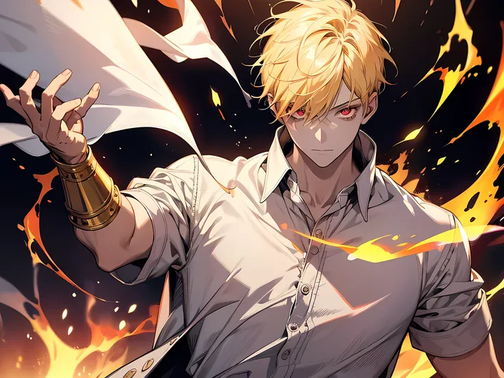 (1 boy) yellow short hair, red eyes, wearing white shirt, his hands is made out of iron and have fire on it, demon lord aura, colorful glowing aura in the air, the background is on night school, glowing colorful aura covering his body,detailed eyes, eyes e...