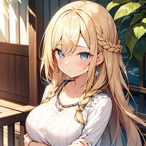 masterpiece、highest quality,Very detailed, Absurd beauty、1 beautiful girl、 (Long Hair、Braided hair、blonde、Ample breasts), Keep your head small、Confused eyes、Casual clothing、Summer clothes、Fold your arms under your chest