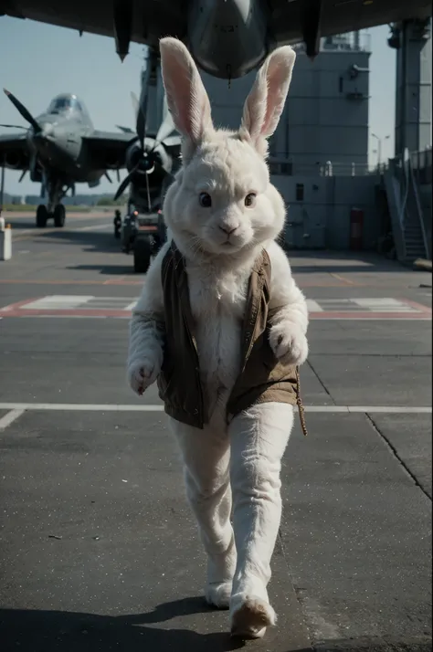 A cute fluffy rabbit pilot walking on a military aircraft carrier, unreal engine render, 8k, cinematic