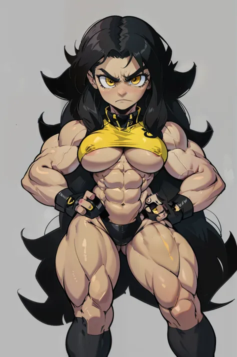 ((grey background)), solo, ((((1 girl)))), very long hair, black hair, angry, yellow eyes, (((((muscular))))), (huge tits), (thick thighs), (wide hips), pale skin, standing, slick hair