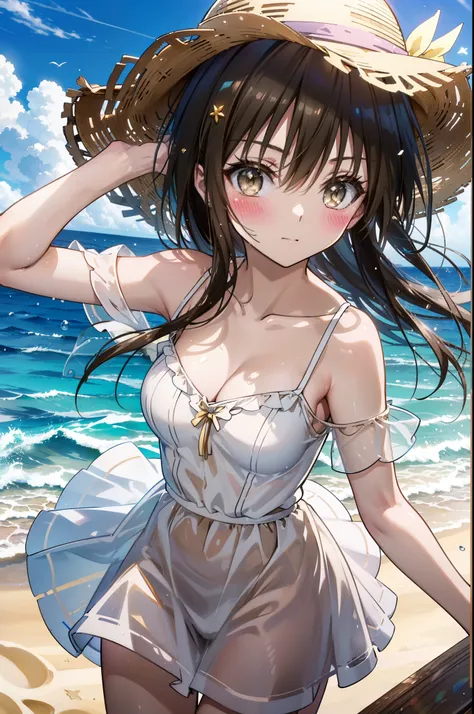 yuikotegawa, Yui Kotegawa, Black Hair, (Brown eyes:1.5),smile,blush, Long Hair,Big Breasts,Big straw hat,Off-the-shoulder sleeveless dress,bare clavicle,Bare neck,Bare arms,Bare shoulders,Long skirt,barefoot,Daytime,Clear skies,Palm tree,Sandy Beachを散歩している...