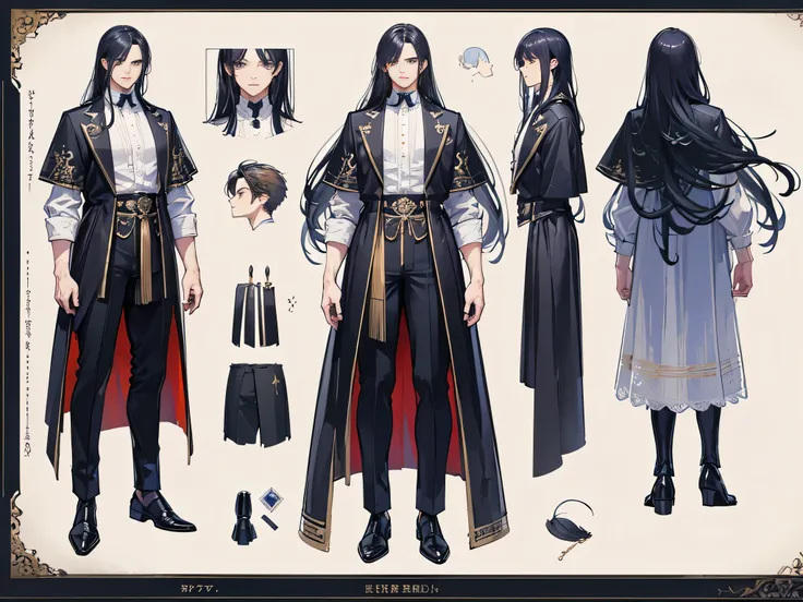 ((Masterpiece, Highest quality)), Male, boy, Detailed face, character design sheet， full bodyesbian, Full of details, frontal body view, back body view, Highly detailed, Depth, Many parts, angel wings, angel outfit, Muscle boy with black long hair bangs，ha...