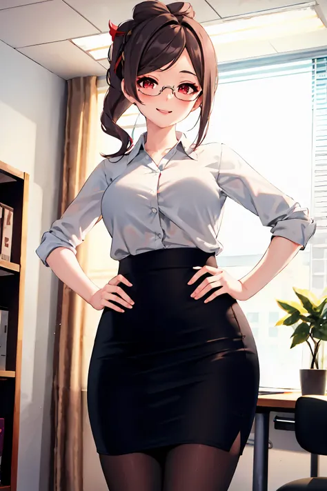 1girl, chiori (genshin impact), solo, office lady, white collared shirt, pencil skirt, pantyhose, glasses, looking at viewer, hand on hip, office, indoors, depth of field, gasping, ecstasy, seductive smile 