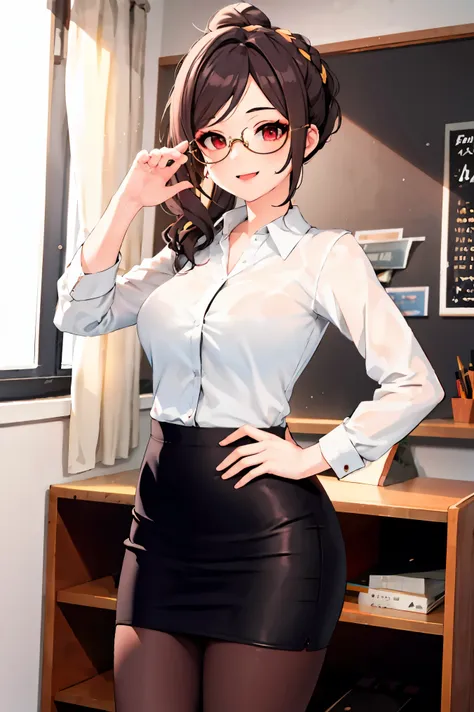 1girl, chiori \(genshin impact\), solo, office lady, white collared shirt, pencil skirt, pantyhose, glasses, looking at viewer, ...