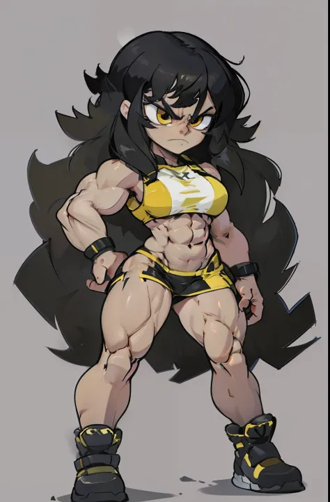 ((grey background)), solo, ((((1 girl)))), very long hair, black hair, angry, yellow eyes, (((((muscular))))), (huge tits), (thick thighs), (wide hips), pale skin, standing, slick hair