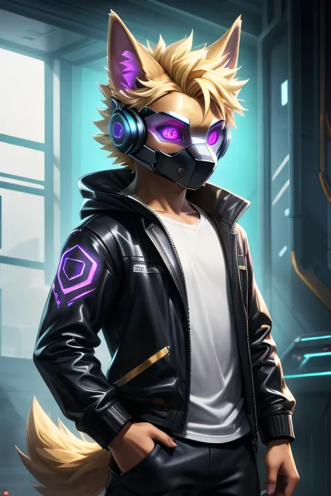 Young werewolf, gold fur, wearing a black jacket    a cybernetic mask, with gamer headphones,   drawing, HD 4k fotorealistisch, ((clear structural details)), Meticulous and realistic (Turquoise blue pupils), ((purple glowing eyes)), ，Light gold shirt。Two e...