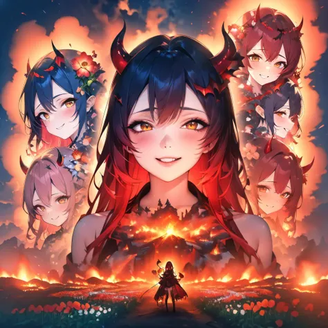 best quality, super fine, 16k, incredibly absurdres, extremely detailed, a beautiful and cute womans fantasy in her mind, (multiple exposure, triple exposure:1.3), cosplaying as a devil with an evil smile in a dark, lava-spewing hell, cosplaying as an ange...