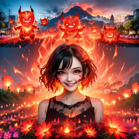 best quality, super fine, 16k, incredibly absurdres, extremely detailed, a beautiful and cute womans fantasy in her mind, (multiple exposure, triple exposure:1.3), cosplaying as a devil with an evil smile in a dark, lava-spewing hell, cosplaying as an ange...