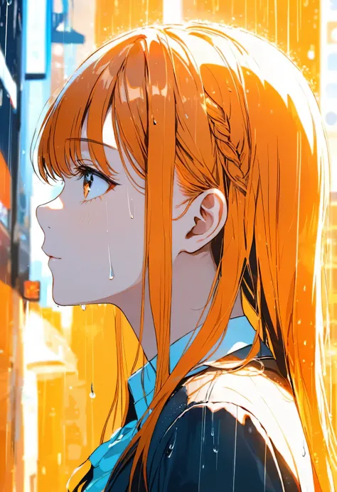 One girl, profile, When you look to the side, Depth of written boundary, Long Hair, French Braid, Straight hair, Portraiture, Modern City, blouse, Orange Hair, look up, rain, raindrop, Lens flare, sunlight, eyeliner, eye shadow, masterpiece, highest quali...