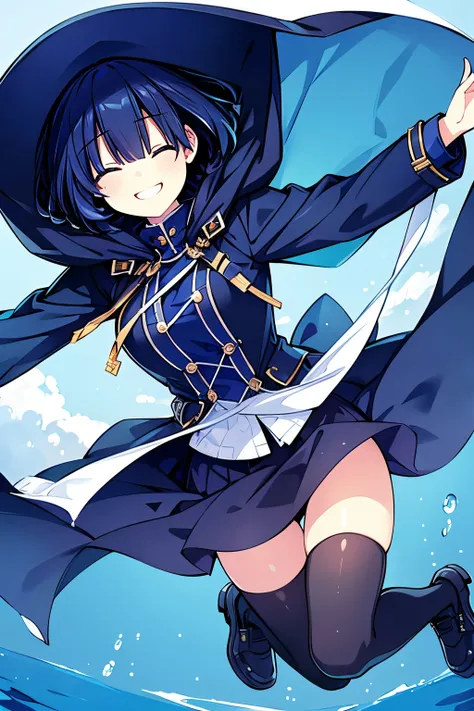 Masterpiece, best quality, 1girl, finely detailed, dark blue hair, low short hair, closed eyes, sweet, cute, smiling, happy, big grin clothes: jacket with hood, short and stockings, slim body, outdoors