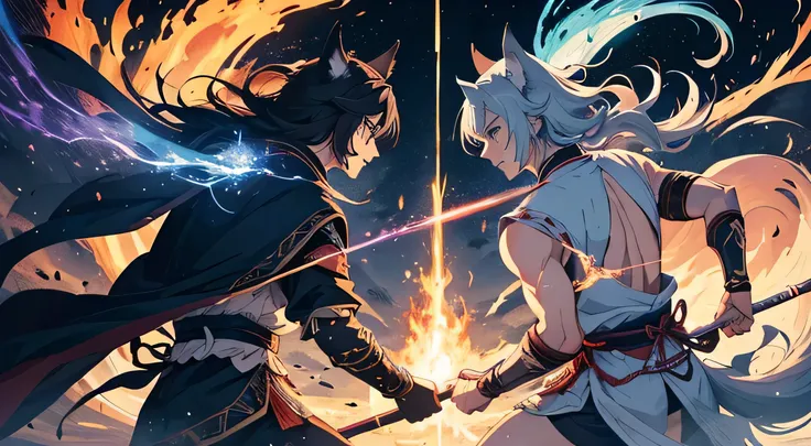 (2 man), with ears wolf and tails historic samurai duel, (epic duel), (highly detailed, eyes finely detailed), (half body:0.6), battle with magical aura, magical particles, magical atmosphere, colorful swirling portal, dark magic, masterpiece, high-resolut...