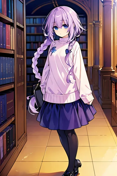 masterpiece, best quality, 1girl, short stature, finely detailed, light purple hair, big hair with a single braid, blue eyes, sleepy face, clothes: baggy sweater with a skirt and stockings, in a library
