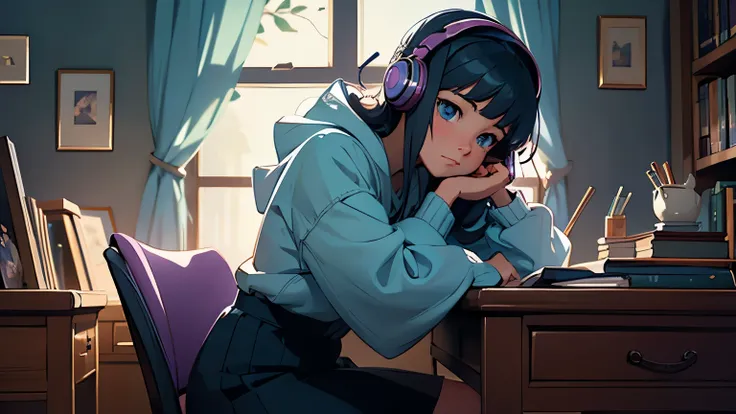 (highly detailed,realistic:1.2)anime girl sitting in her room at night, studying with her cat, [rain] outside window, wearing he...