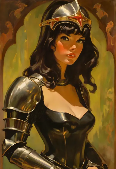 Joanna Darc, ((vestida com uma armadura medieval completa)), ((corpo inteiro)), cabelos castanhos longos, ruiva, oil portrait, 1960, vintage, VHS, pintura vintage, arte da capa do livro pulp scifi, retro pulp art, 1970 s cartaz do filme, pintura de cartaze...