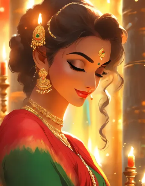 an extremely beautiful amd charming woman ((red green saree with golden jewellery, earrings,nose rings)) sitting on a bench with a small peacock and candles in front of her, beautiful digital illustration, beautiful digital artwork, beautiful character pai...