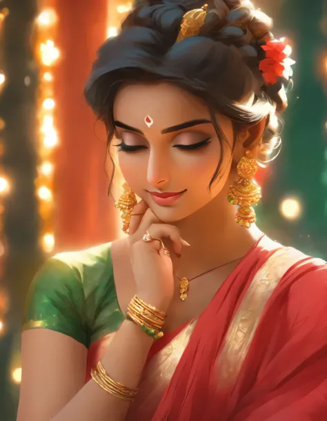 an extremely beautiful amd charming woman ((red green saree with golden jewellery, earrings,nose rings)) sitting on a bench with a small peacock and candles in front of her, beautiful digital illustration, beautiful digital artwork, beautiful character pai...