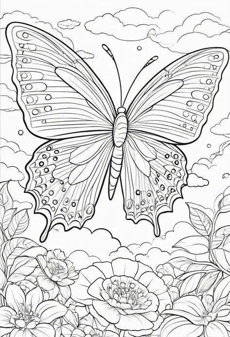 coloring book page of butterfly in the sky, black and white cute --v5