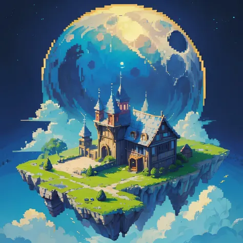 pixel art, sky island, cute, game, fantasy, small house, moon