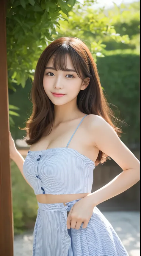 highest quality。８K-Picture。Young Gravure Idol。Beautiful Women in Perfect Style。she&#39;She&#39;s thin but has big breasts。The charm of Gap。Slim Abs。Dark brown hair。(Big Breasts：1.4)。Cute eyes。double eyelid。length, Wavy Hair。Very delicately drawn face。Perfe...