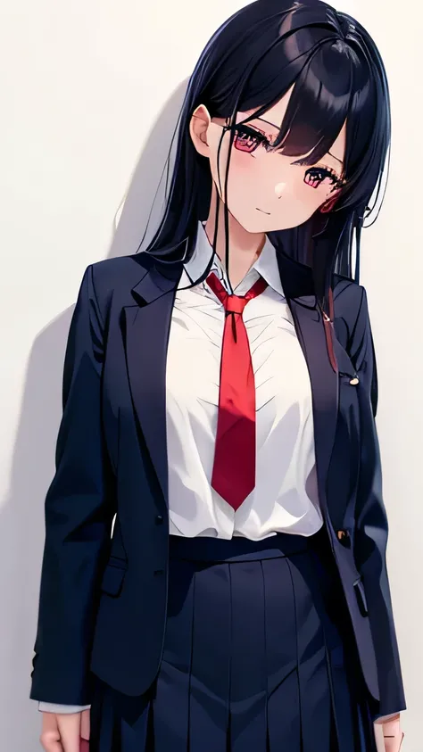 （Webtoon Touch）In front of a white wall、High school girls、Wearing an unbuttoned navy blue blazer and skirt uniform、White blouse with long red tie、Charm、medium long black hair、Iris