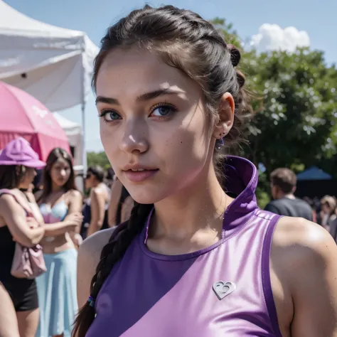 photo of a college student, in Purple Pink, futuristic space suit, (freckles:0.8) cute face, sci-fi, dystopian, detailed eyes, Heterochromia eyes（（Side view）），music festival，Activity