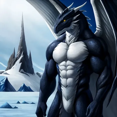 Tall blue and muscular furry dragon with white belly, yellow eyes, hands folded, stands with his back to a black dragon with red eyes, Antarctica, behind the dragons is the Alien Tower. 