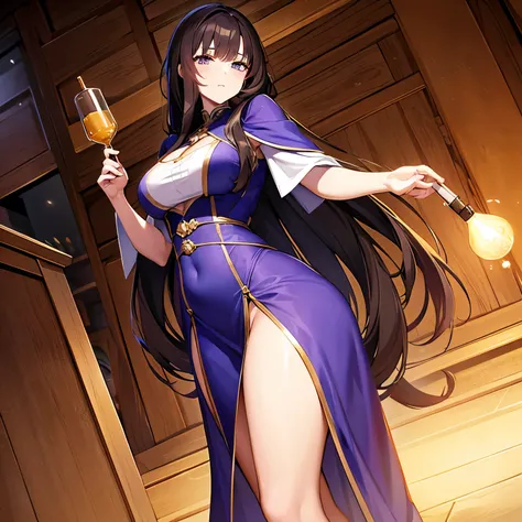 Beautiful mage girl who is mixing a potion, shes wearing, she has long beautiful brunette hair, she is nervous, SFW, her hips are wide