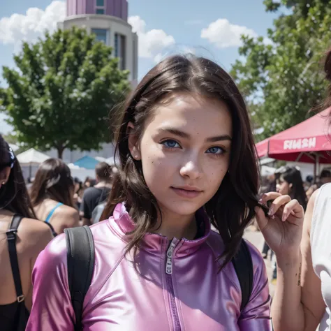 photo of a college student, in Purple Pink, futuristic space suit, (freckles:0.8) cute face, sci-fi, dystopian, detailed eyes, Heterochromia eyes（（Side view）），music festival，Activity