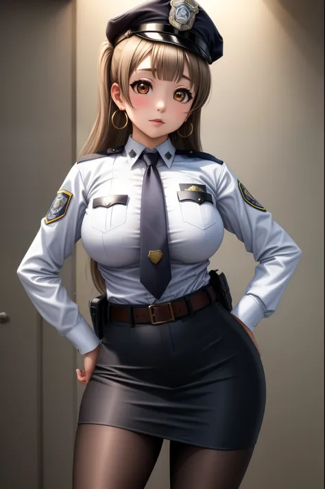 Masterpiece, best quality, big breasts, (contrapposto:1.2),(detailed face), minami kotori, curvy body ,white shirt,half sleeves,earrings, pencil skirt, necktie , standing, hand on hip,police cap,in police station, cowboy shot, thighs, narrow waist,wide hip...