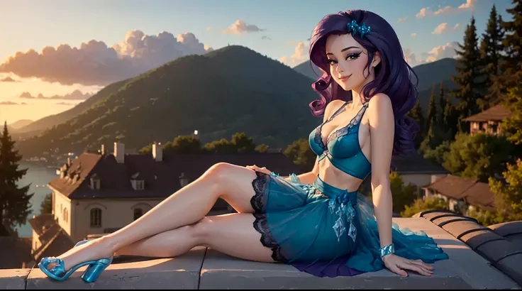 (((beautiful female body))),(((rarity as a sweet charming hot seductive horny girl))) ,(((sit on the ledge of roof wide spread legs)))), (((outdoor))),(((landscape in background))),(((lewd and erotic posing))), (((happy wicked smile))) ,(((wear light blue ...