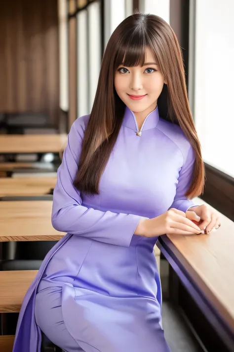 masterpiece, Multiple mature women per photo, Front view, Cute Japanese middle-aged woman, Long Bob Hair, (Lavender-colored ao dai), Very cute face, Glossy Lips, Double eyelids on both eyes, Natural Makeup, Brown Hair, Asymmetrical bangs, High resolution, ...