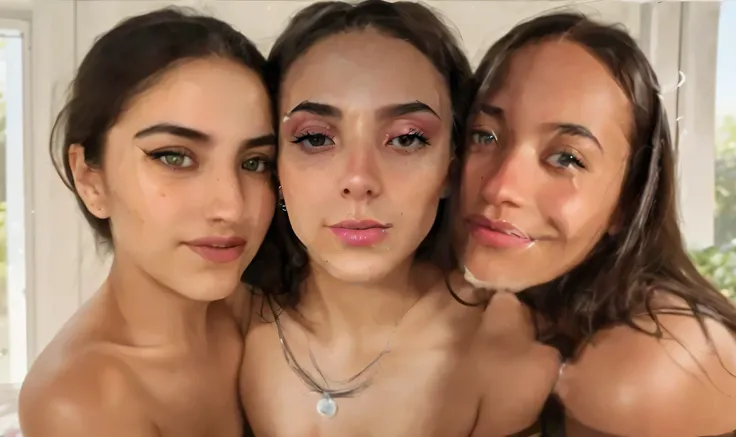 three women with makeup on posing for a picture together, 3 sisters look into the mirror, 3 young and beautiful women, gorgeous faces, with professional makeup, beautiful faces, closeup faces, profile pic, full faces, perfect faces, in style of petra colli...