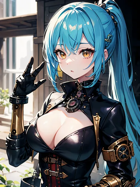 （（（masterpiece、Highest image quality、highest quality、highly detailed unity 8ｋwallpaper）））、（（Illustration of one girl、upper body））、（（（beautiful girl）））、（fantasy、female pirate）、（Light light blue hair、short ponytail：1.2、yellow eyes）、（((Right hand is a prosthe...