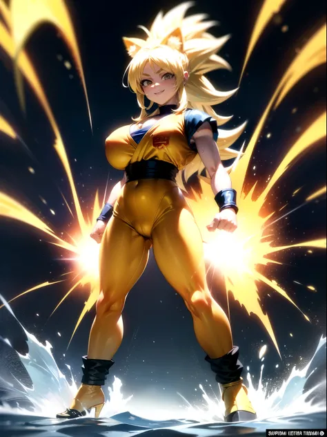 Energy expultion as Dragon Ball per transformation, ((Anime kemonomimi Neko-Girl transformed on Super Saiyan golden hair with Gokus outfit extremely tight on her body)), ((Girl with golden cat ears and golden cat tail)), ((emanating super saiyan energy aro...