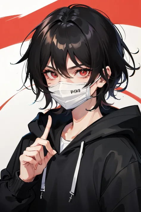 Please draw an illustration with an intimidating composition from the front。Chuunibyou-style red eyes、Black-haired boy。Dressed in a hoodie, set in an anime town 。He is hiding part of his face with a mask he is holding in his hand.。((highest quality)), ((ma...