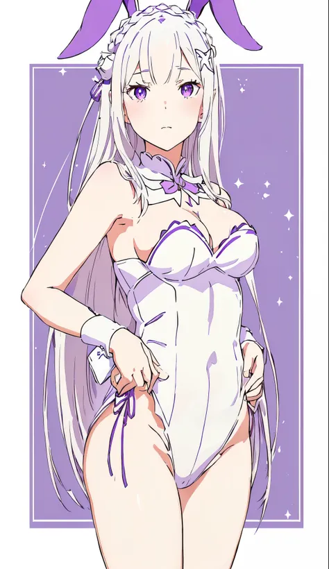 Emilia re:zero, purple eyes, Emilia, crown braid, x hair ornament, flower hair ornament, white hair, long hair, medium breasts, white bunny suit, purple bunny ears, purple bow, sexy legs, cufflinks, white lotard, bellybutton,