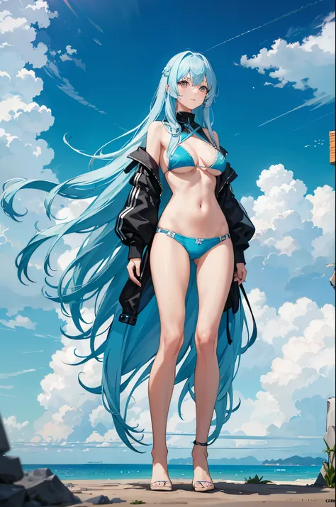 1woman, light blue hair, long hair, bikini, standing on ground, high res, ultra sharp, 8K, masterpiece