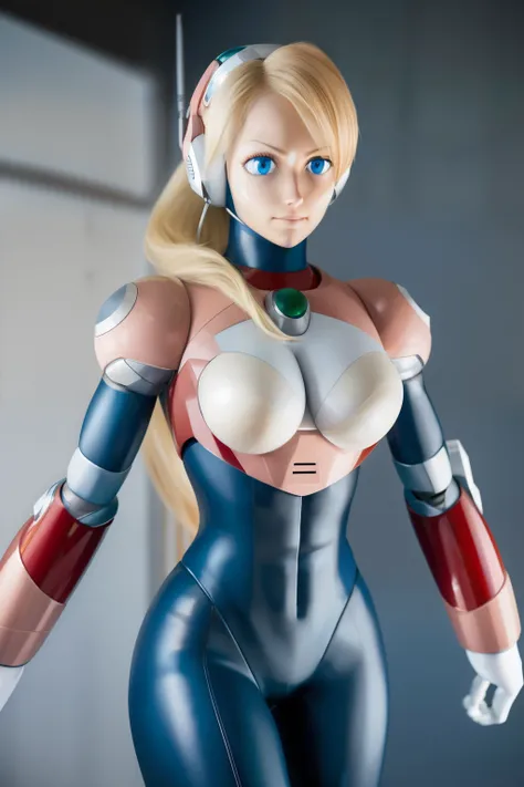 ultra detailed of a woman cyborg, 1girl, (natural skin texture, realistic eye details:1.2) alias_mega manx, alone, breasts, blue eyes, blonde hair, Android, long hair, robot ears, stand at attention, neutral stance, artwork, high quality, hypnotized, blank...