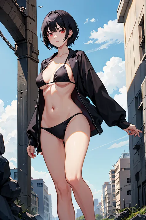 1woman, black hair, short hair, red eyes, bikini, standing on ground, high res, ultra sharp, 8K, masterpiece