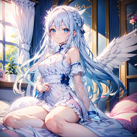 Just one person、A pretty woman with blue eyes and long white hair in a loose braid、20-year-old、Dainty and beautiful、Angel wings on the back、A big smile、Holding a blue-eyed white cat、Pink girly room