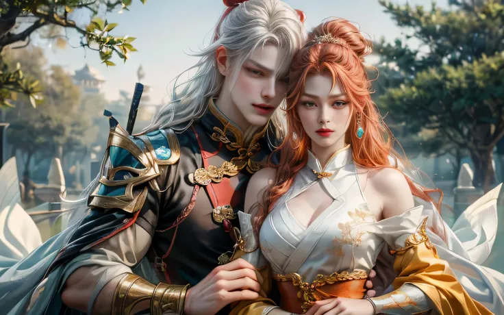 arafed image of a couple of man and woman hugging each other in Peach Garden in wedding clothes, Peach Garden detailed background, xianxia fantasy, jingna zhang, game cg, wuxia, inspired by Chen Yifei, xianxia, xianxia hero, 2.5 d cgi anime fantasy artwork...