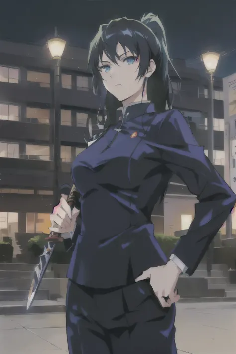 anime girl in a suit holding a knife and a book, misato katsuragi, yayoi kasuma, she is holding a katana sword, portrait of a female anime hero, anime visual of a young woman, holding a sword on her shoulder, portrait of mayuri shiina, fubuki, screenshot f...