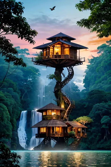 Perfection The Coolest Tree house on a large rock in the middle of the lake in the jungle with sunset, waterfall, bird flying, airroplan flying flowers in front of the house and trees on both sides of the house