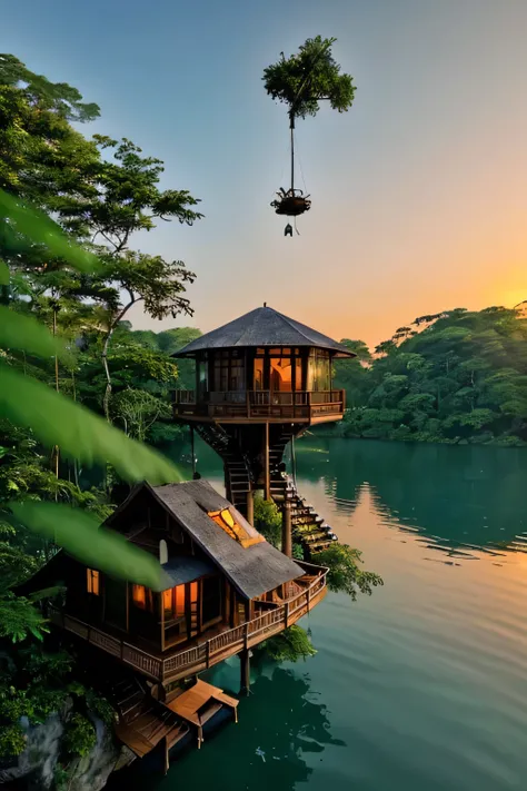 Perfection The Coolest Tree house on a large rock in the middle of the lake in the jungle with sunset, waterfall, bird flying, airroplan flying flowers in front of the house and trees on both sides of the house