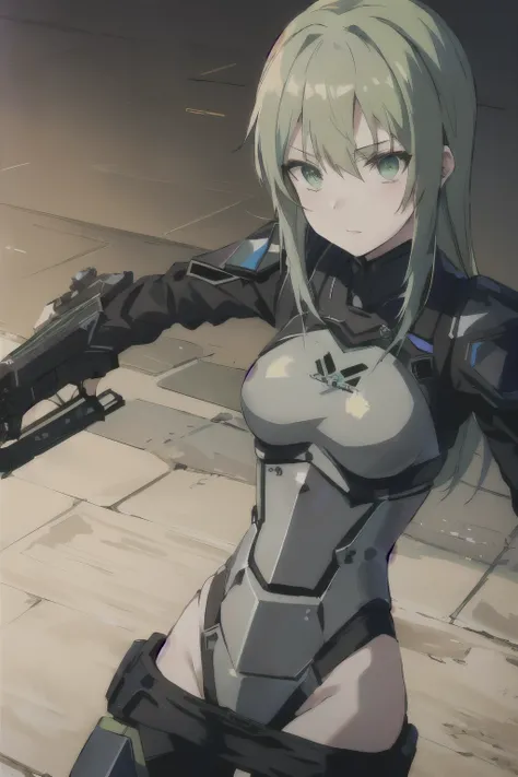 anime girl with green hair and a gun in her hand, armor girl, wearing techwear and armor, android heroine, dressed in tactical armor, from girls frontline, covered in full metal armor, fine details. girls frontline, girl in mecha cyber armor, rogue anime g...