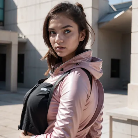 photo of a college student, in Imperial Green Jade Pink, futuristic space suit, (freckles:0.8) cute face, sci-fi, dystopian, detailed eyes, Heterochromia eyes（（Side view））dune