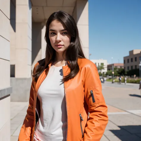 photo of a college student, in Bright Orange Pink, futuristic space suit, (freckles:0.8) cute face, sci-fi, dystopian, detailed eyes, Heterochromia eyes（（Side view））