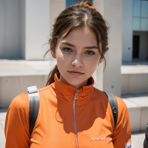 photo of a college student, in Bright Orange Pink, futuristic space suit, (freckles:0.8) cute face, sci-fi, dystopian, detailed eyes, Heterochromia eyes（（Side view））